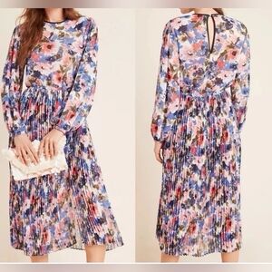 MISA LA Meadow Pleated Juliana Midi Dress Long Sleeve Floral NWOT